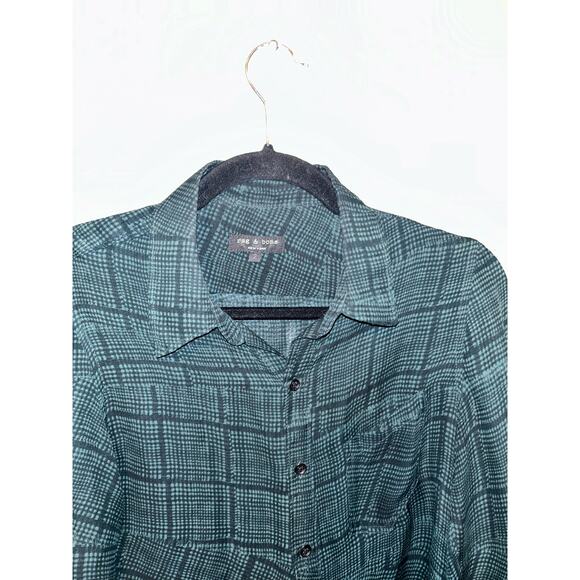 Rag & Bone Academia Grunge 100% Silk Black & Green Plaid Button Up Top  Blouse - Picture 3 of 12